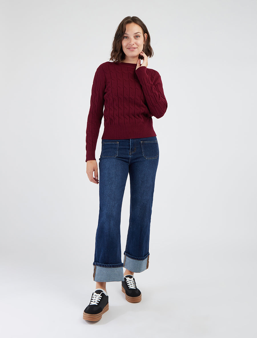 Pull maille tressée encolure ronde - Lie de vin