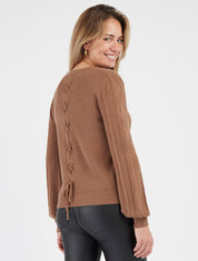 Pull dos corset à liens encolure ronde - Taupe