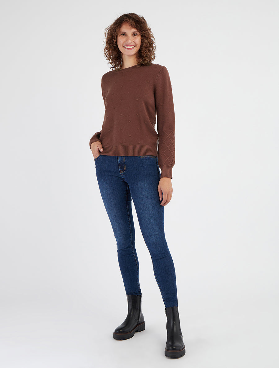 Pull maille motif pois encolure ronde - Marron