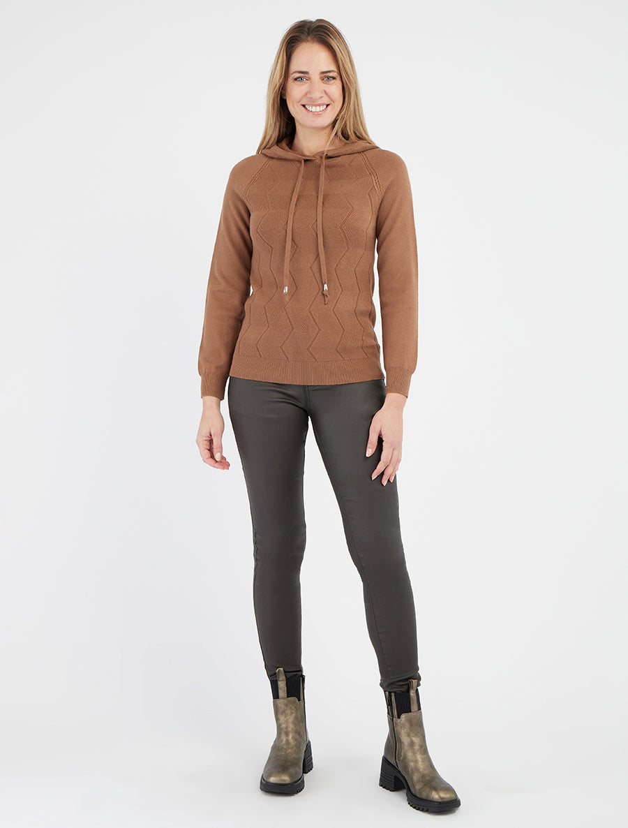 Pull à capuche maille zig-zag - Camel