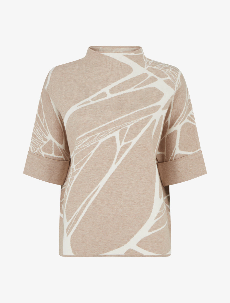 Pull ample graphique à col montant et manches courtes - Taupe clair - 1