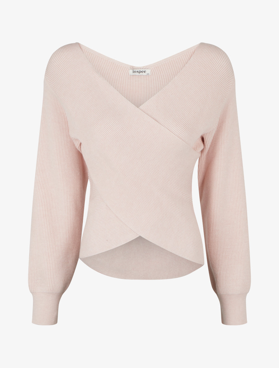 Pull côtelé col cache-cœur ajusté - Rose