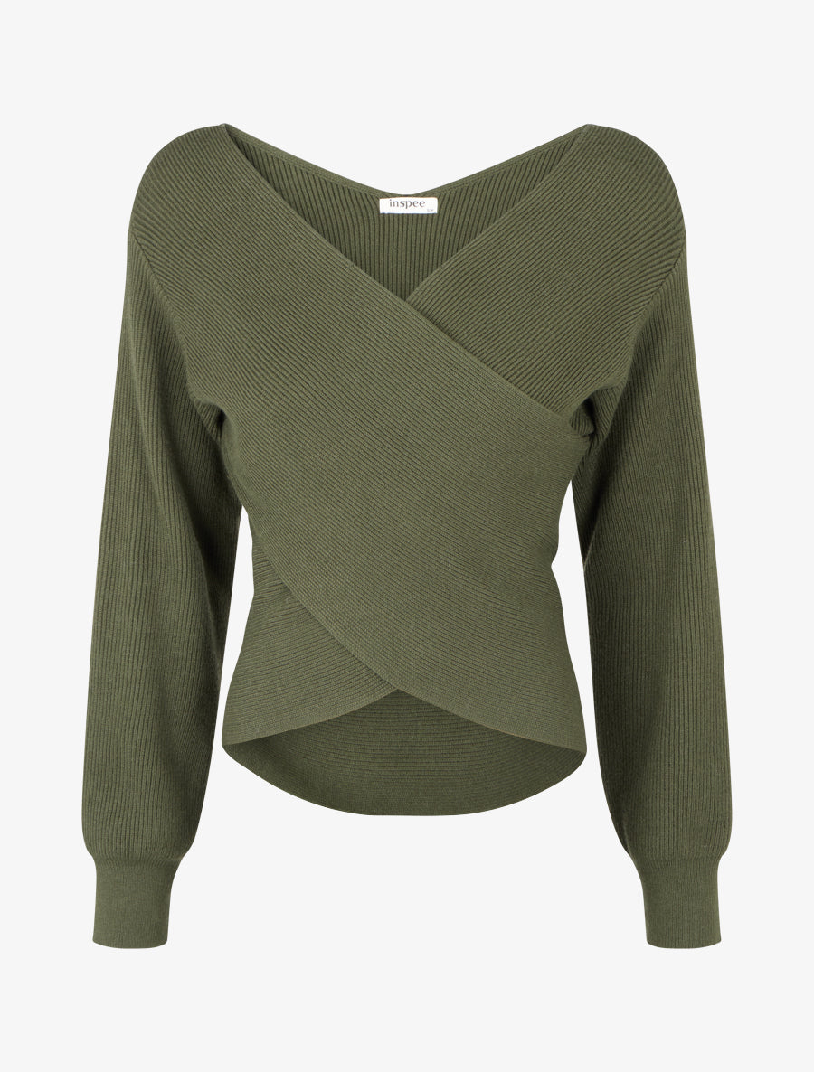 Pull côtelé col cache-cœur ajusté - Kaki
