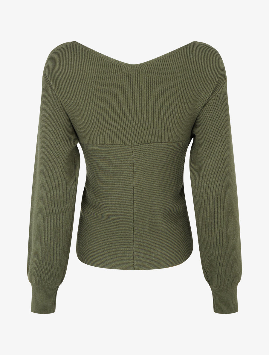 Pull côtelé col cache-cœur ajusté - Kaki