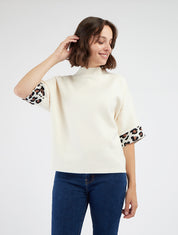 Pull col montant manches léopard - Blanc