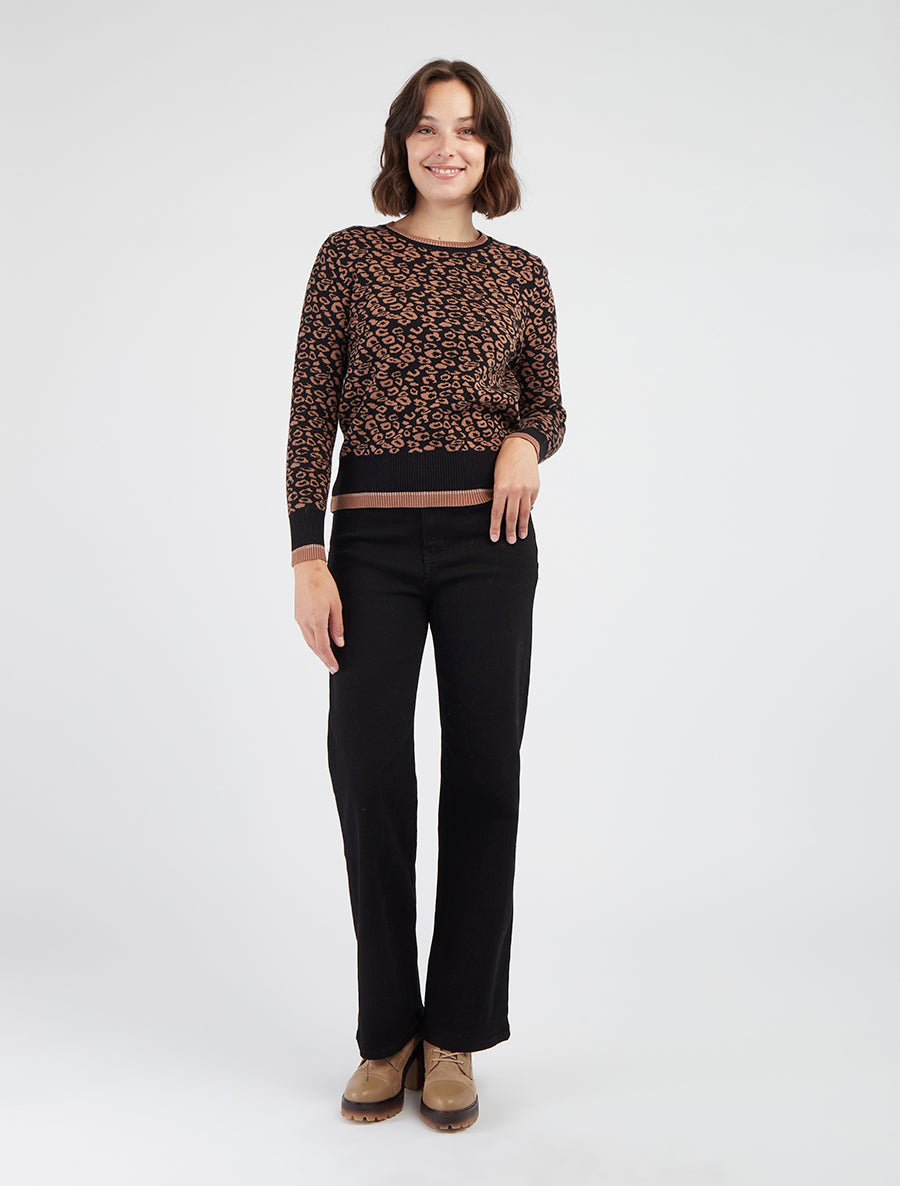 Pull léopard détail irisé col rond - Noir