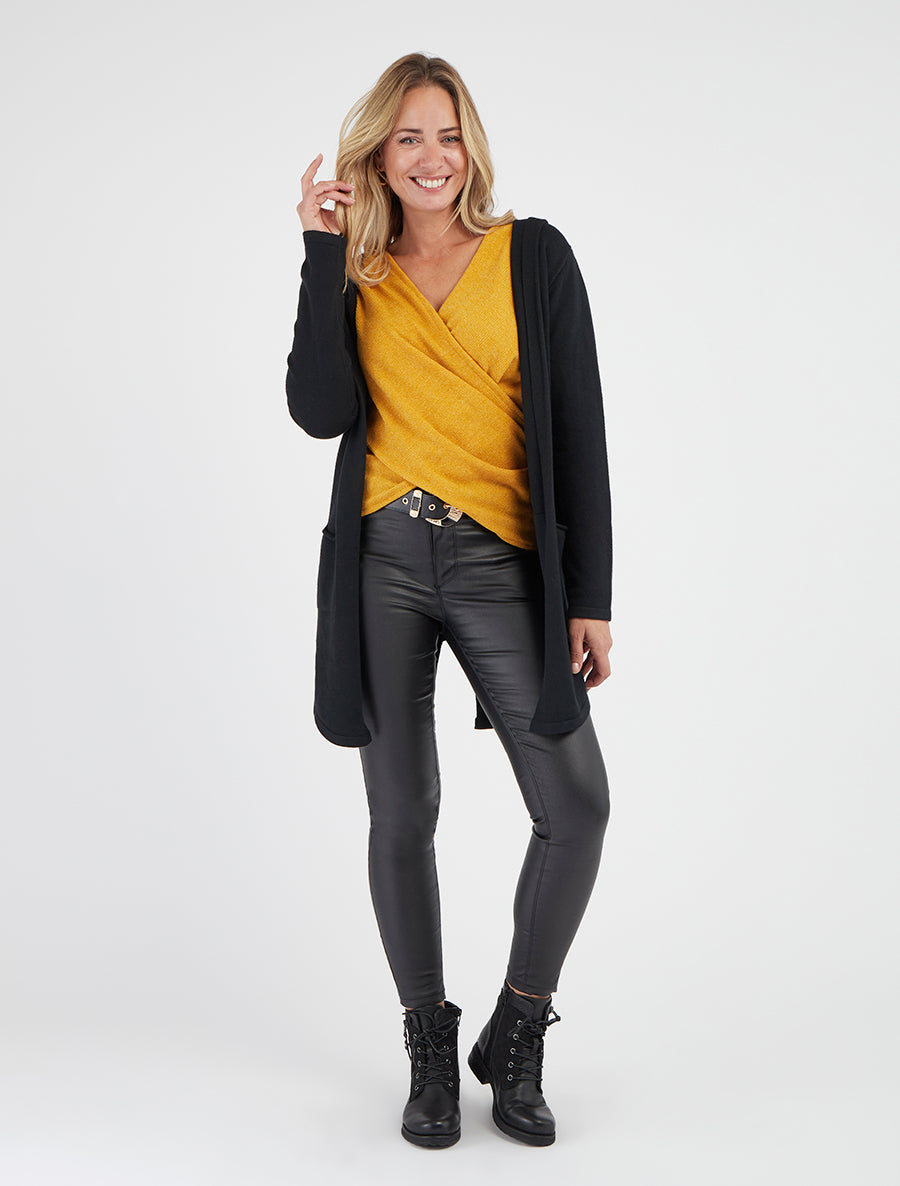 Gilet long à capuche et cordons ajustables - Noir