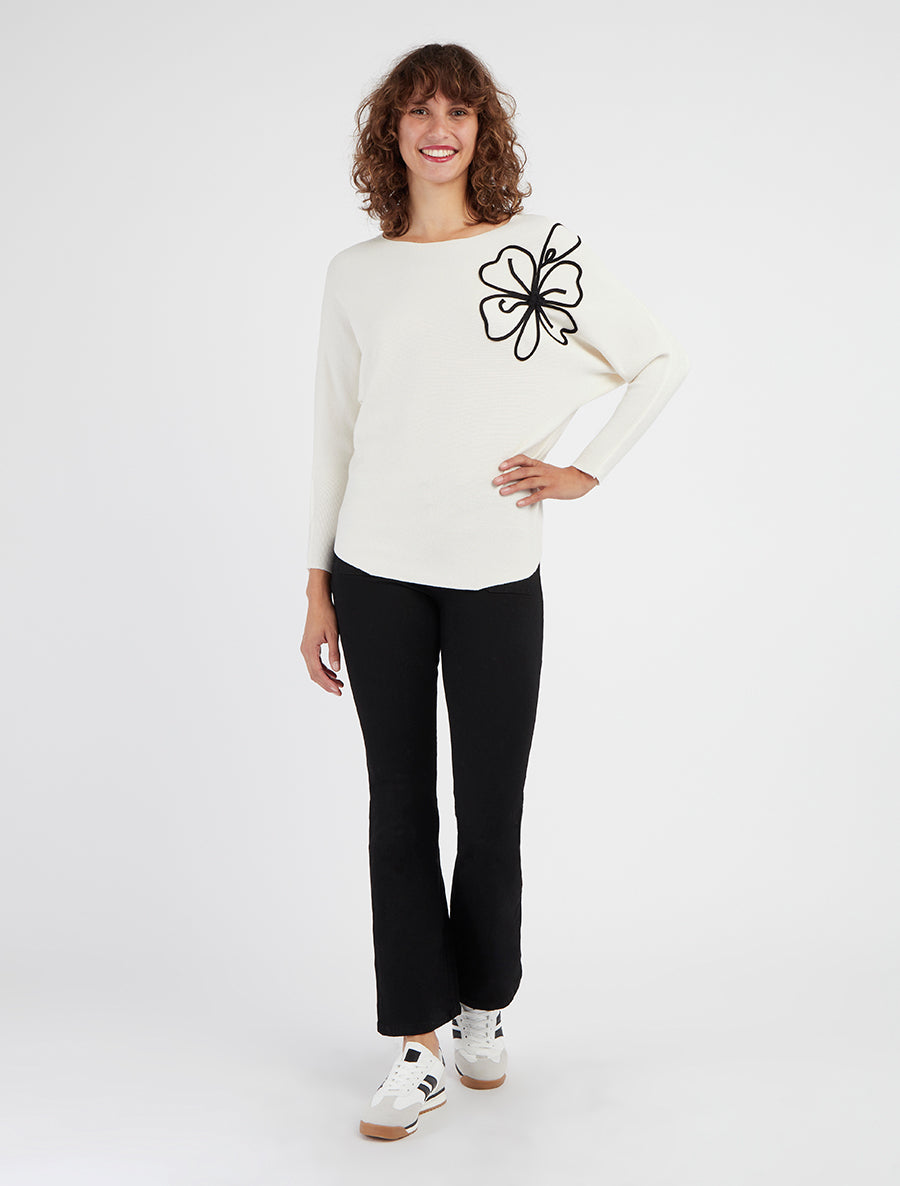 Pull uni à broderie fleur - Blanc - 8