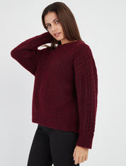 Pull col rond maille texturée - Bordeaux