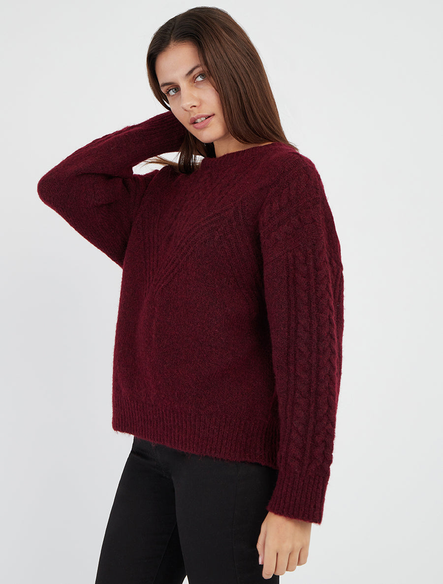 Pull col rond maille texturée - Bordeaux