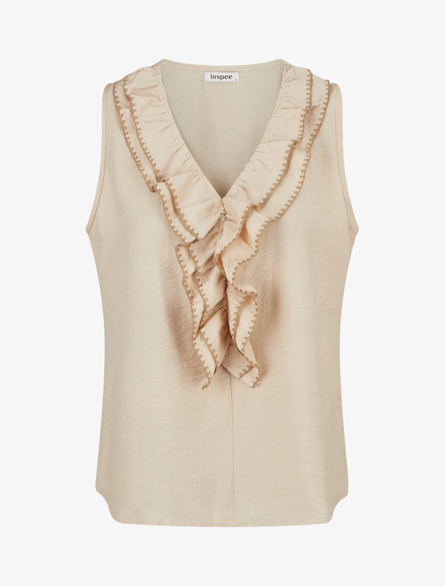 Top sans manches à col V volanté - Beige - 1