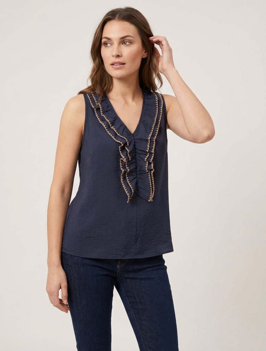 Top fluide à volants col V - Marine