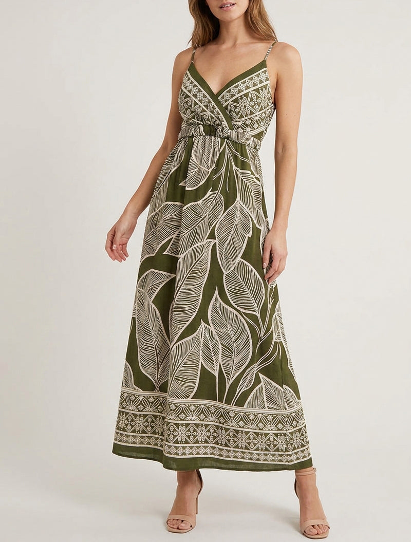 Robe longue imprimé feuilles stylisées - Kaki