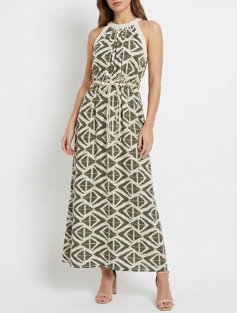 Robe longue à col américain imprimé graphique - Kaki