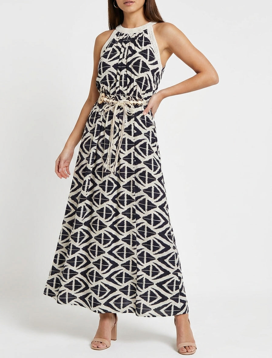 Robe longue à col américain imprimé graphique - Marine
