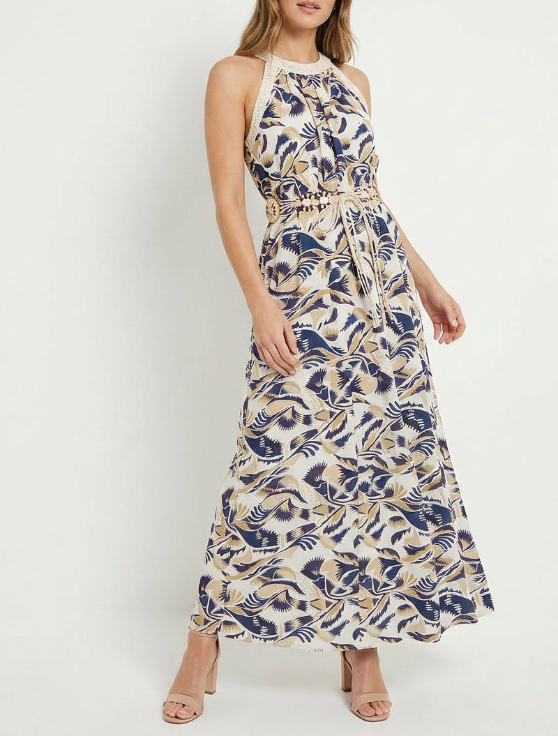 Robe longue à col américain imprimé fantaisie - Marine