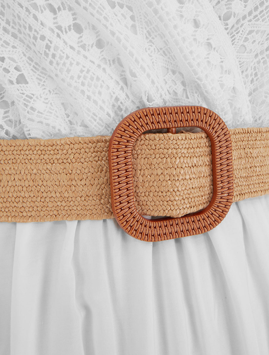 Robe longue unie à buste en dentelle - Blanc - 3