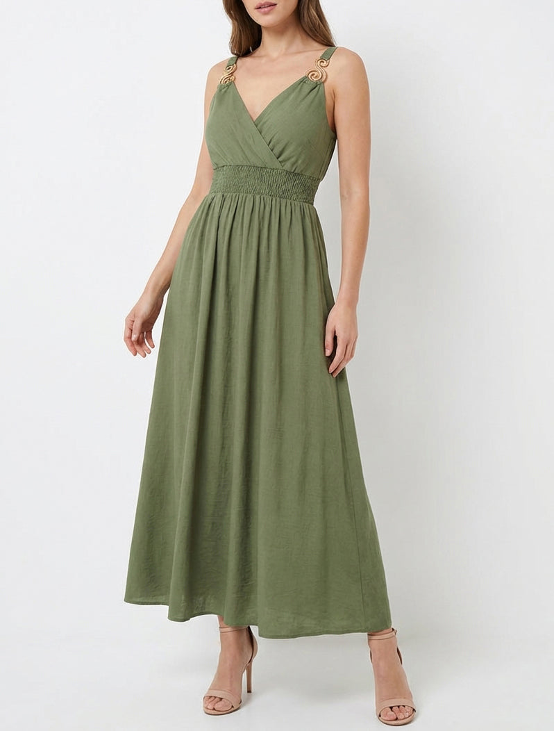 Robe longue à bretelles bijoux - Kaki