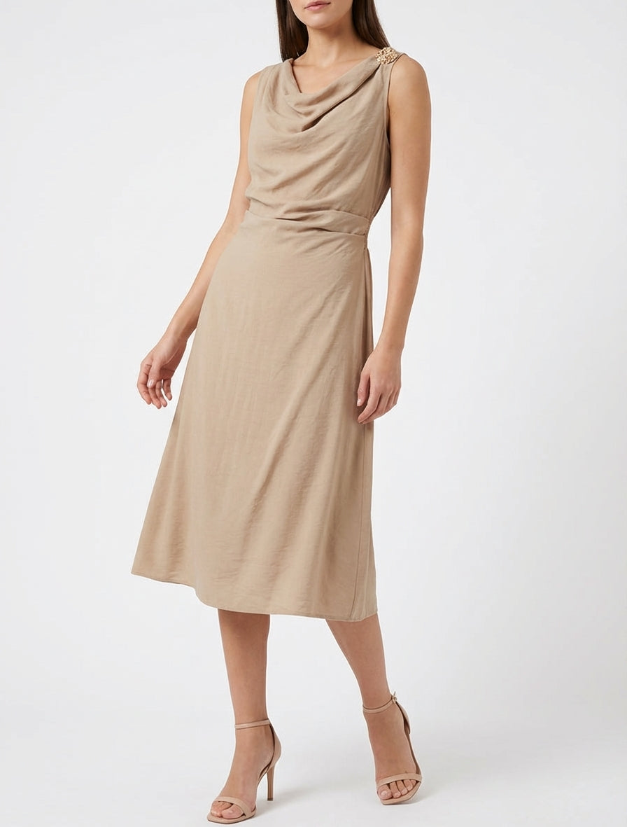 Robe longue sans manches à effet drapé - Beige foncé