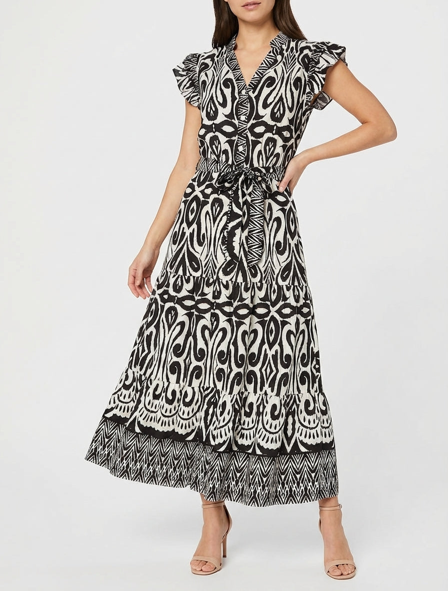 Robe longue graphique coupe évasée - Noir