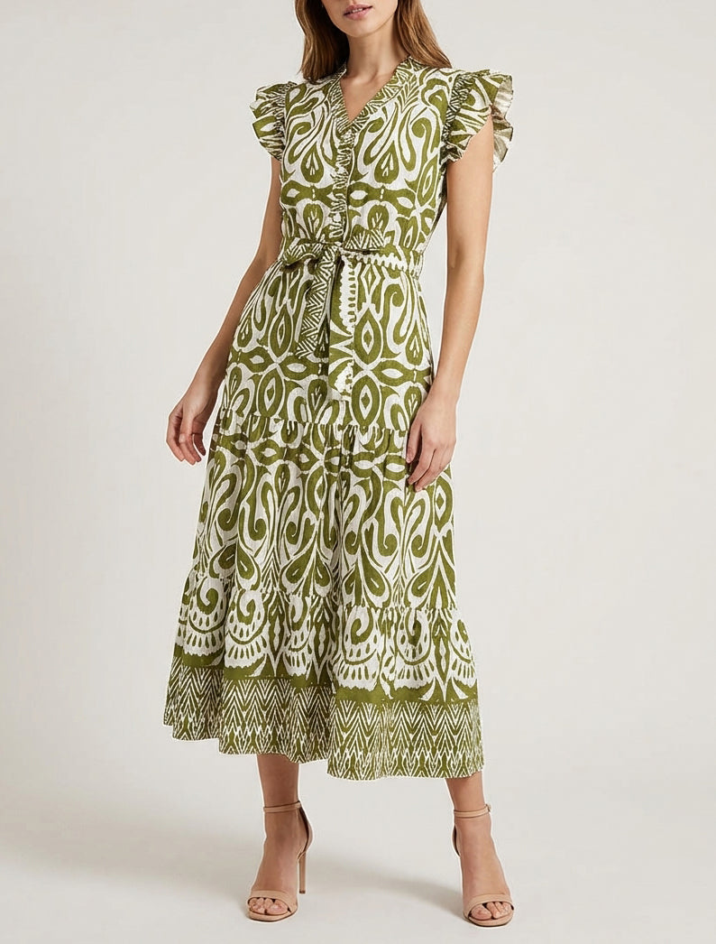 Robe longue graphique coupe évasée - Kaki