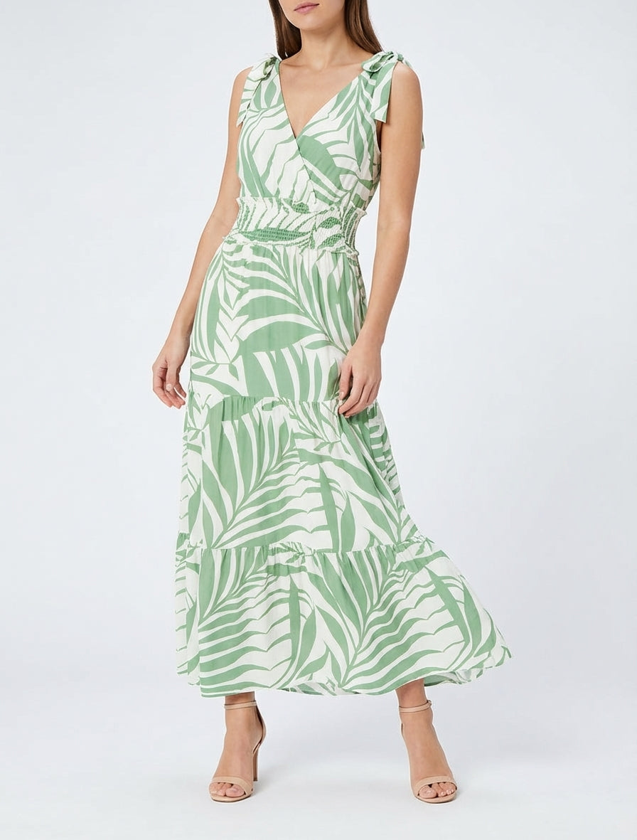 Robe imprimé feuillages à bretelles à noeud - Vert