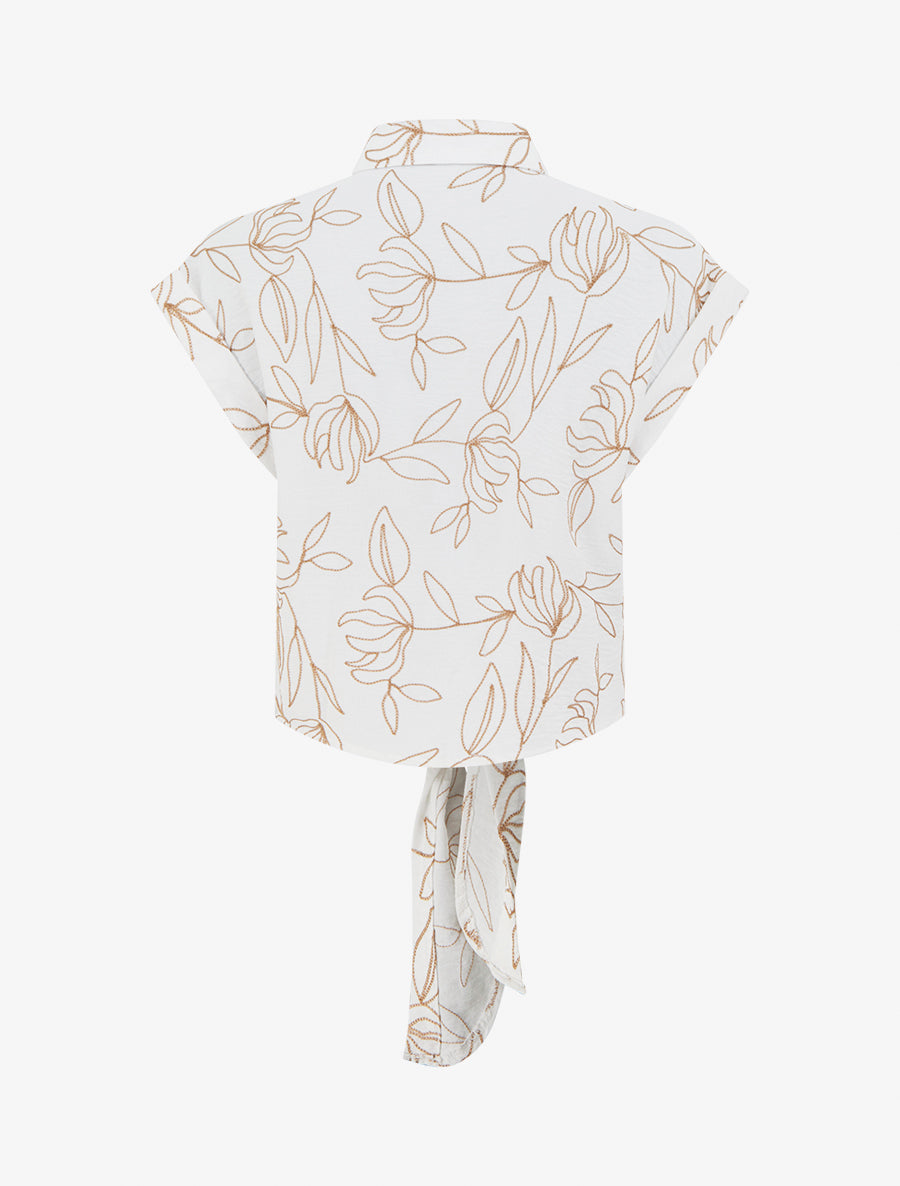 Chemise à nouer à broderies végétales - Écru - 2