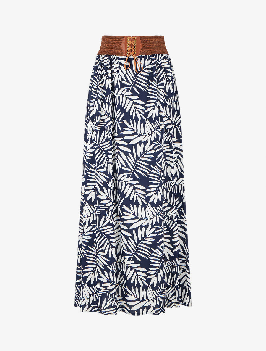 Jupe longue imprimé feuillages à taille élastiquée - Marine - 1
