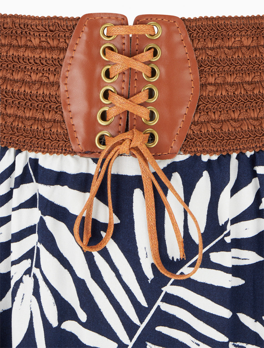 Jupe longue imprimé feuillages à taille élastiquée - Marine - 3