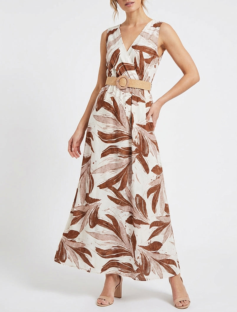 Robe longue évasée sans manches imprimé fantaisie - Marron