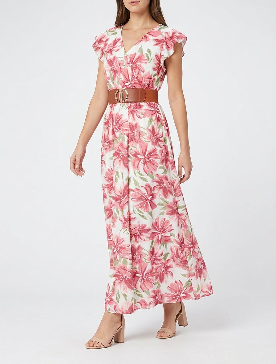 Robe longue cache-cœur à imprimé tropical - Rose