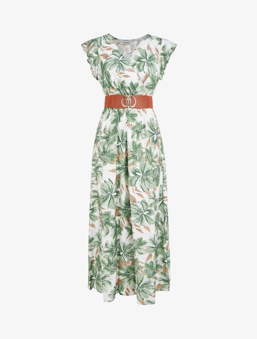 Robe longue imprimé fleuri à manches courtes - Vert - 1