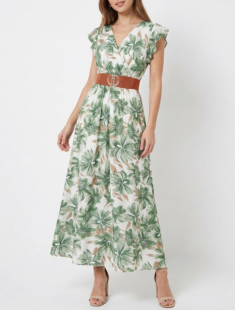 Robe longue cache-cœur à fleurs tropicales - Vert