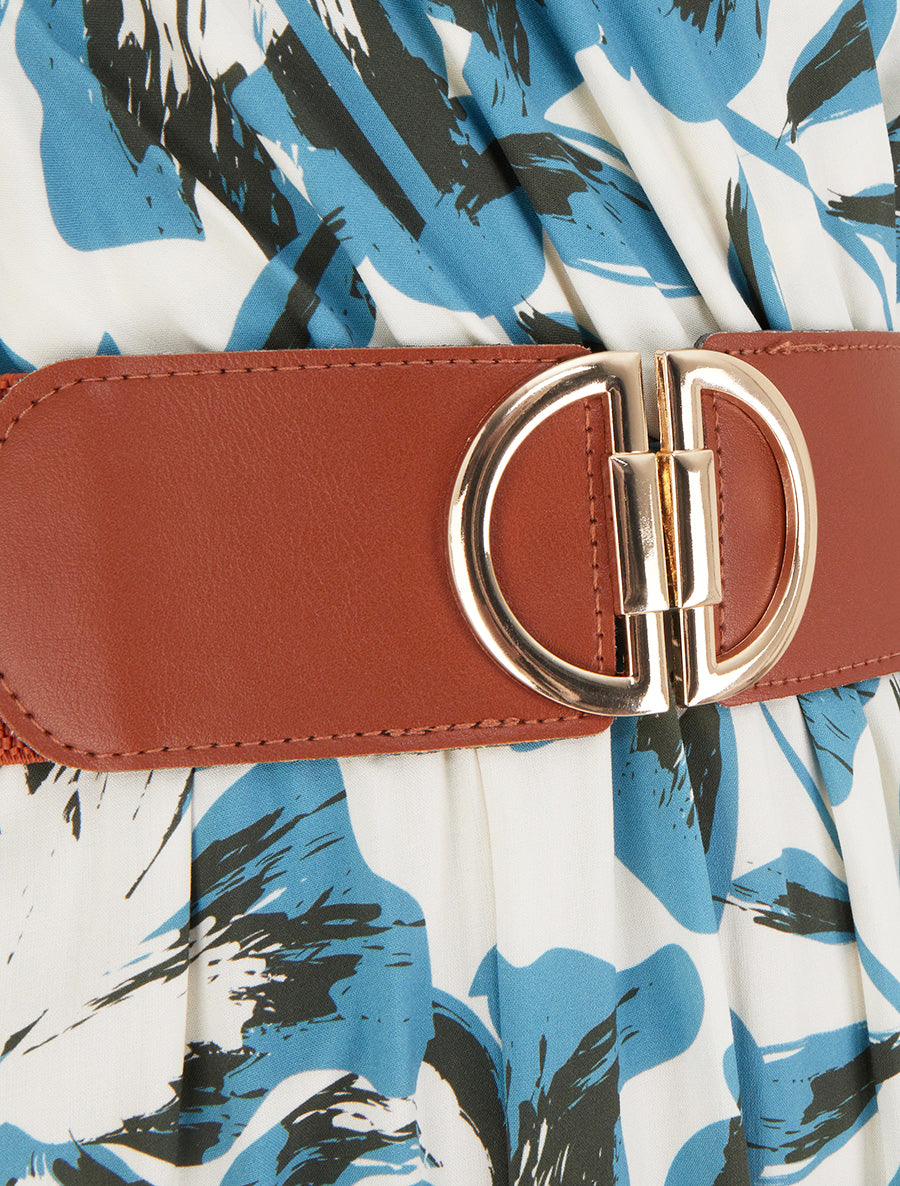 Robe longue fleurie à mancherons volantés - Bleu - 3