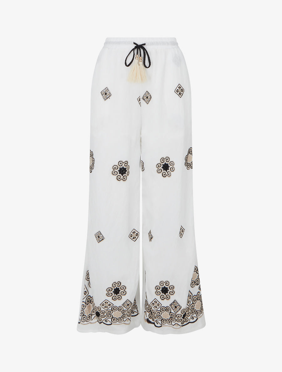Pantalon brodé à taille haute élastiquée - Blanc - 1