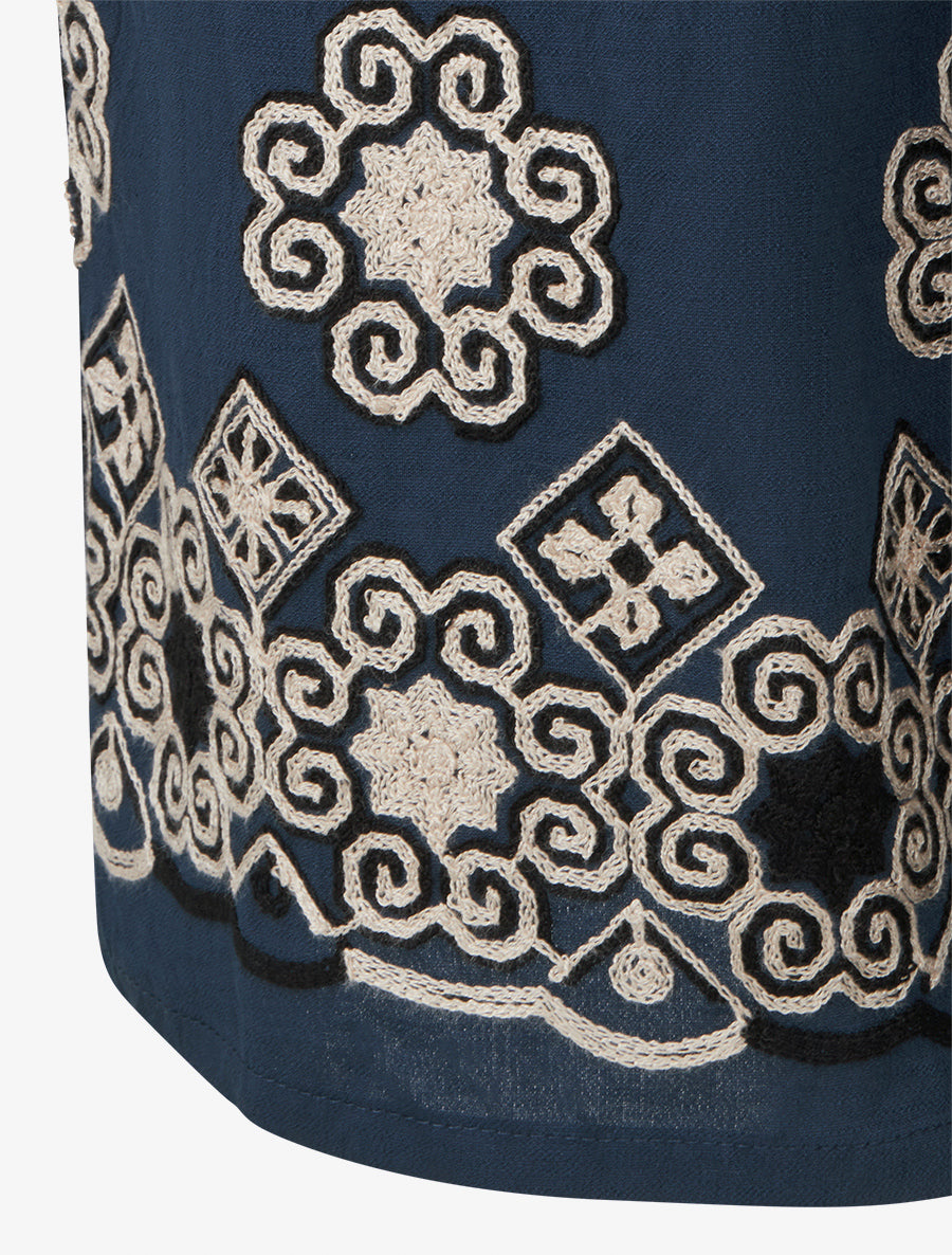 Pantalon brodé à taille haute élastiquée - Marine - 3