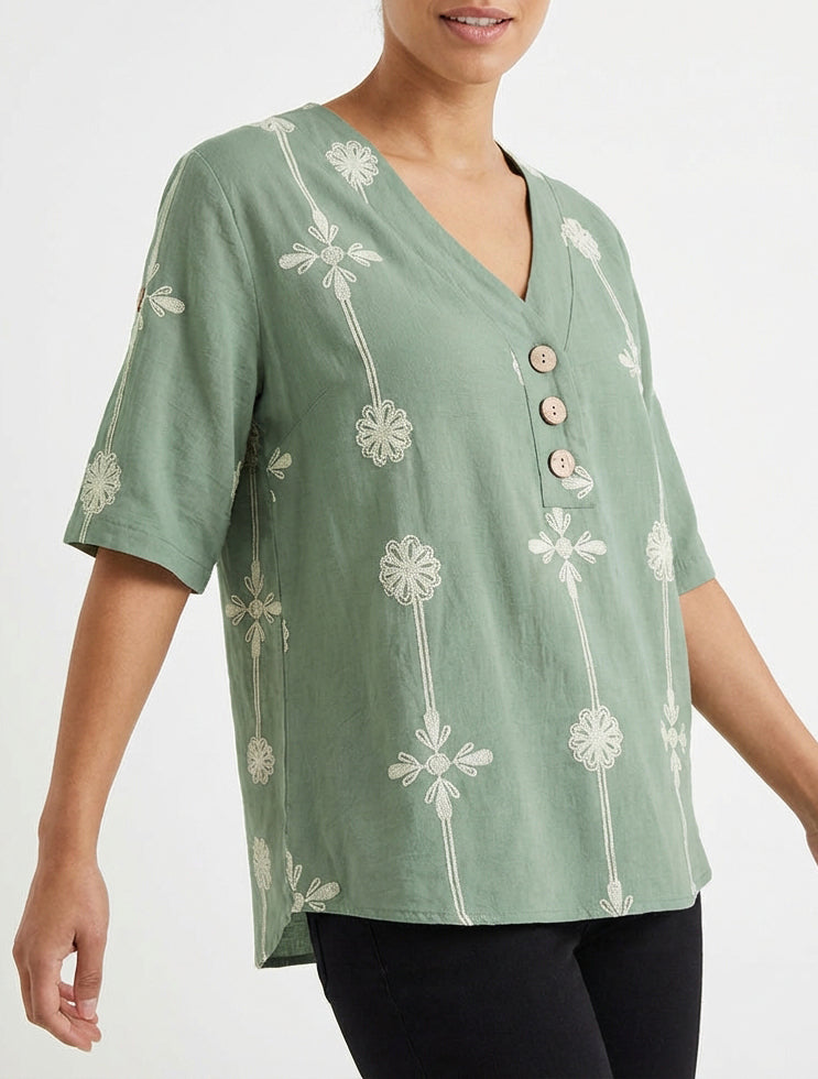 Top ample col V boutonné imprimé floral - Kaki