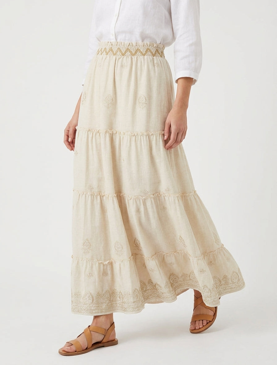 Jupe longue élastiquée à broderie - Beige