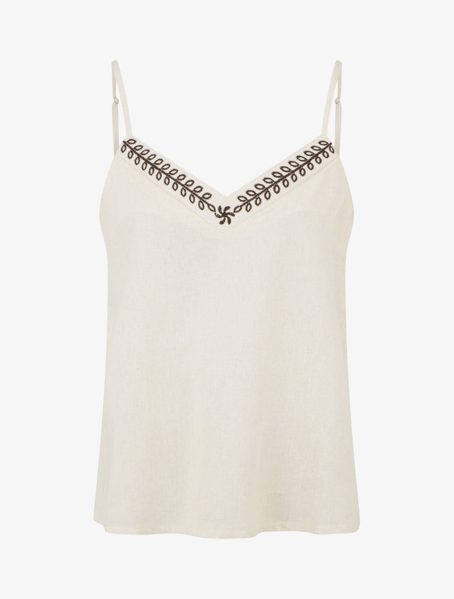 Caraco en lin mélangé à col brodé - Beige - 1