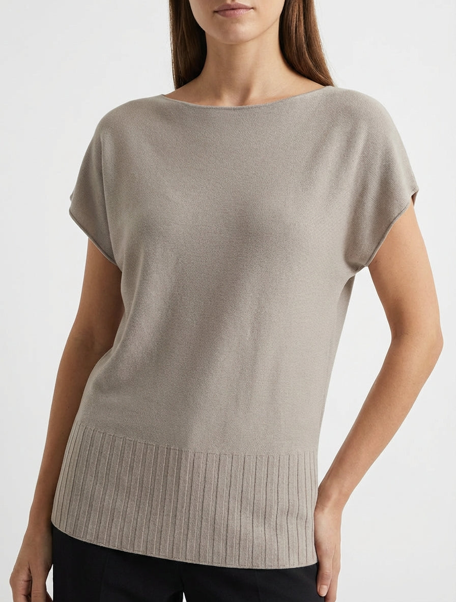Pull fin uni à col rond arrondi - Taupe