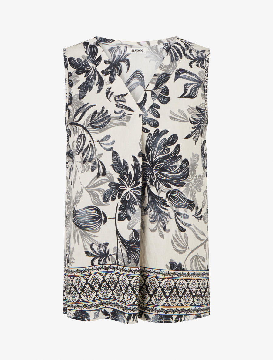 Top droit à col V et imprimé végétal - Marine - 1