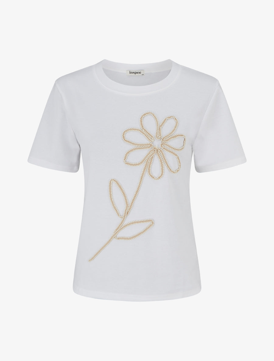T-shirt uni à broderie fleur - Blanc - 1