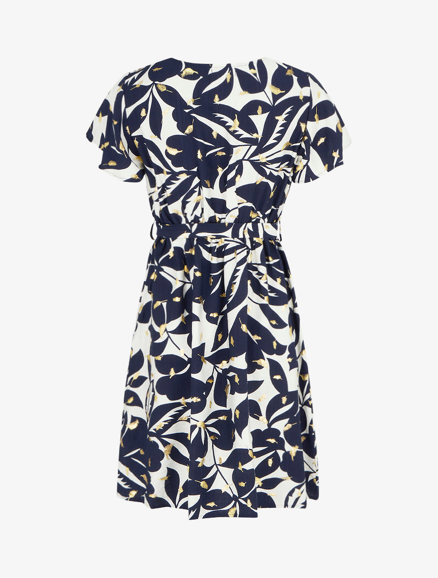 Robe mi-longue imprimé feuilles et irisée - Marine - 2