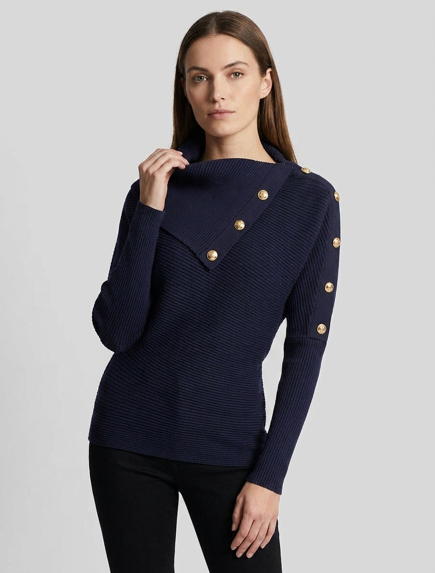 Pull uni à col roulé stylisé - Marine