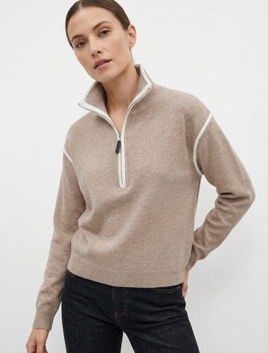 Pull droit à col montant zippé - Taupe