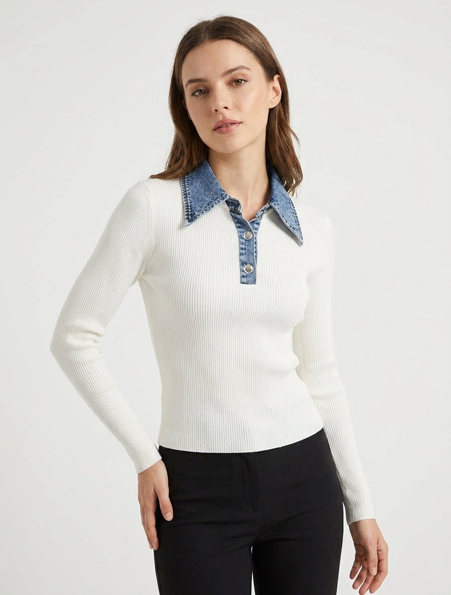 Pull fin en maille à col boutonné en jean - Écru
