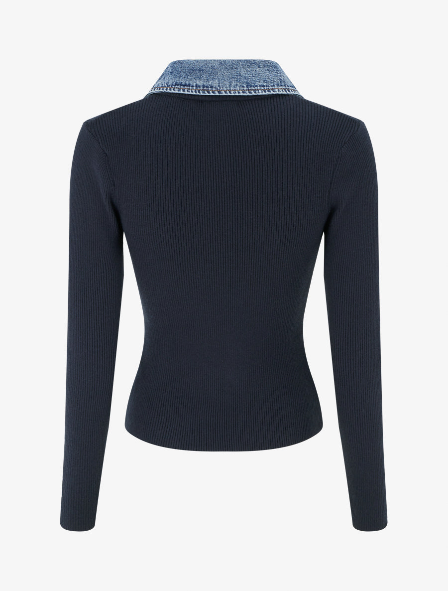 Pull fin en maille à col boutonné en jean - Marine - 2