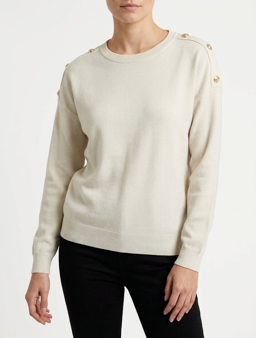 Pull uni à boutons décoratifs aux épaules - Écru