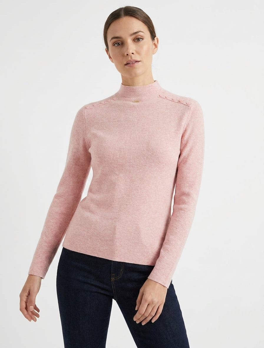 Pull droit à col montant et boutons décoratifs - Rose