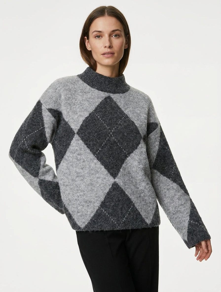 Pull en laine mélangée à motif losanges - Gris